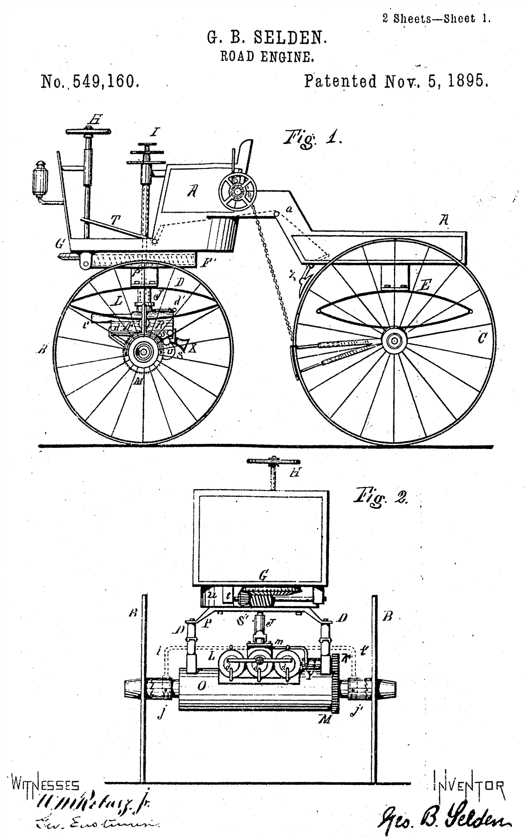Drawing from George Selden's U.S. Patent No. 549,160 for a road engine.